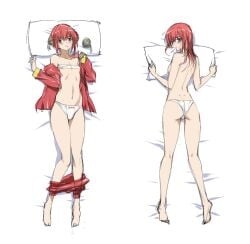 bandeau barefoot blue_eyes blush bun_cover chinese_clothes colored_sketch dakimakura dakimakura_design double_bun female female_only full_body gintama hair_down hair_ornament kagura_(gintama) looking_at_viewer medium_hair multiple_views off_shoulder on_back on_stomach open_shirt panties pants_down pillow_bite pillow_grab q_azieru red_hair sarashi sketch solo topless topless_female white_panties