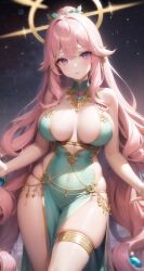 ai_generated athena athenaidol big_breasts curvy dancer_outfit goddess gold_jewelry halo pink_hair purple_eyes virtual_youtuber vtuber