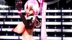 3d armwear big_breasts blue_eyes hatsune_miku headset_microphone large_areolae lion_musashi long_hair micro_bikini pink_hair pointy_breasts skimpy very_long_hair vocaloid