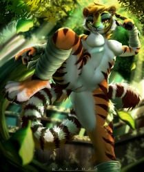 2023 absurd_res action_pose breasts dreamworks felid female fence genitals hi_res kaedeer kung_fu_panda looking_at_viewer mammal master_tigress nipples outside pantherine plant pose pussy solo tiger tree wrappings