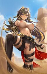 1girls areolae belly belly_button black_hair blue_eyes blush boots breasts cat_ears dark-skinned_female dark_skin dehya_(genshin_impact) desert earrings female female_focus female_only genshin_impact hair hair_between_eyes high_resolution highres large_breasts lion liu_liaoliao long_hair looking_at_viewer looking_pleasured multicolored_hair nail_polish nipples pussy red_nails solo solo_female standing thick_thighs