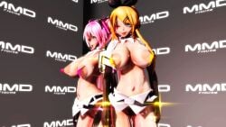 2girls 3d armwear big_breasts blonde_hair blue_eyes bow_hairband breasts female female_only hatsune_miku headset_microphone kagamine_rin large_areolae lion_musashi long_hair micro_bikini nipples pink_hair pointy_breasts skimpy very_long_hair vocaloid