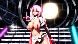 3d armwear big_breasts blue_eyes hatsune_miku headset_microphone large_areolae lion_musashi long_hair micro_bikini pink_hair pointy_breasts skimpy very_long_hair vocaloid