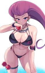 1boy 1girl 1girls bikini black_bikini blue_eyes blue_sky blush breasts cleavage close-up cloud commentary cramorant creatures_(company) day earrings female game_freak gen_1_pokemon gen_2_pokemon gen_3_pokemon gen_8_pokemon highres hips holding holding_poke_ball james_(pokemon) jessie_(pokemon) jewelry kasai_shin large_breasts leaning_forward light-skinned_female light_skin long_hair looking_at_viewer meowth navel nintendo ocean outdoors partially_submerged pikachu poke_ball poke_ball_(basic) pokemon pokemon_(anime) pokemon_(creature) red_hair sky solo summer swimsuit team_rocket thick_thighs thigh_strap thighs wailmer water wet wide_hips wingull wobbuffet