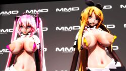 2girls 3d armwear big_breasts blonde_hair blue_eyes bow_hairband female female_only hatsune_miku headset_microphone kagamine_rin kagamine_rin_(future_style) large_areolae lion_musashi long_hair micro_bikini pink_hair pointy_breasts sakura_miku skimpy very_long_hair vocaloid