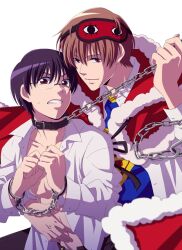 2boys bishonen black_hair brown_eyes brown_hair chain_leash chains class_3-z clenched_teeth collar eye_mask gintama hand_on_another's_stomach handcuffs leash_pull looking_at_viewer male male_only official_alternate_costume okita_sougo open_shirt popped_collar red_eyes restrained school_uniform shimura_shinpachi sleep_mask smile ss10-b sweatdrop teen_boy teenager yaoi