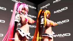 2girls 3d armwear big_breasts blonde_hair blue_eyes bow_hairband breasts female female_only hatsune_miku headset_microphone kagamine_rin large_areolae lion_musashi long_hair micro_bikini nipples pink_hair pointy_breasts skimpy very_long_hair vocaloid