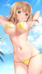 1girls armpits arms_behind_head arms_up big_breasts bikini blue_sky blush breasts brown_hair busty cowboy_shot day female female_only groin highres kunikida_hanamaru large_breasts long_hair looking_at_viewer love_live! love_live!_sunshine!! lowleg lowleg_bikini mignon navel outdoors parted_lips pose posing sky solo standing string_bikini sunlight swimsuit untied untied_bikini voluptuous wardrobe_malfunction yellow_bikini yellow_eyes