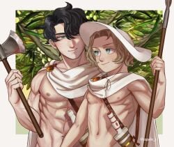 2boys abs alexander_the_great ancient ancient_history axe capelin_s green_eyes hephaestion history holding_weapon male_only muscles muscular muscular_male public_domain spear