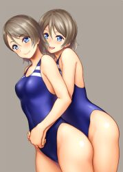 2girls age_difference ass bangs blue_eyes blue_one-piece_swimsuit blush breasts closed_mouth colored_eyelashes competition_swimsuit cowboy_shot dutch_angle emblem from_side grey_background grey_hair hair_between_eyes head_tilt highres holding_hands hug hug_from_behind light_smile looking_at_viewer looking_to_the_side love_live! love_live!_sunshine!! mature_female medium_breasts mother_and_daughter multiple_girls one-piece_swimsuit open_mouth parted_bangs pink_lips serizawa_(serizawaroom) short_hair simple_background smile standing swimsuit thighs watanabe_you watanabe_you's_mother