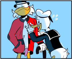 age_difference anatid anseriform anthro avian bird blush blush_lines cane chest_tuft clothing disney donald_duck duck ducktales ducktales_(2017) duo genitals incest male male/male older_male penis scrooge_mcduck simple_background sinfulbearrings smile tuft yaoi younger_male