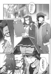 1boy1girl akiza_izinski glasses holding_object izayoi_aki male_wearing_hat mibry_(phrysm) school_uniform yu-gi-oh! yu-gi-oh!_5d's yusei_fudo