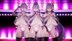 3d 3girls armwear bell_collar big_breasts breasts_bigger_than_head female female_only glowing_eyes glowing_tattoo heart-shaped_pupils honkai_impact_3rd huge_breasts leopard_print looking_at_viewer micro_bikini mireille_(mmd) mmd pubic_tattoo tagme tagme_(character) thighhighs