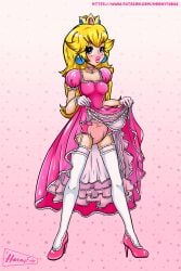 blonde_hair blue_eyes blush choker commission_art crown diaper diaper_fetish dress_lift flashing frilled_dress full_body gloves high_heels hornyfudge long_hair mario_(series) pink_background princess_peach self_upload simple_background solo standing stockings thighhigh_stockings thighhighs yellow_hair