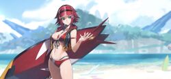 1girls artist_request beach between_breasts big_breasts bikini blue_eyes breasts busty code_geass female female_only highres jacket jewelry kallen_stadtfeld large_breasts long_legs looking_at_viewer nail_polish navel necklace official_alternate_costume official_art outdoors red_bikini red_footwear red_hair red_nails sandals seductive_smile shiny_skin sleeveless sleeveless_jacket smile solo surfboard swimsuit thighs toenail_polish toenails visor_cap voluptuous wide_hips