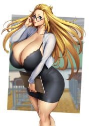 1girls absurdres adjusting_eyewear adjusting_glasses bakunyuu bangs_pinned_back black-framed_eyewear black-framed_glasses black_dress black_frame_glasses blonde_female blonde_hair blonde_hair_female blue_eyes blue_eyes_female blurry_background border borrowed_character breasts breasts_bigger_than_head bulging_breasts bursting_breasts cardigan chalkboard classroom cleavage collarbone curvy desk dress enormous_breasts erkaz erkaz_(artist) erkazooya errorkazoo eyeglasses female_focus fingernail_polish fingernails floor folded_hair framed_eyewear fully_clothed fully_clothed_female gigantic_breasts glasses hair_pulled_back hi_res high_resolution highres holding holding_notebook hourglass_figure huge_breasts huge_cleavage human human_only humungous_breasts index_finger_raised indoors inne_sulistya_robin light-skinned_female light_skin lips lipstick long_blonde_hair long_hair long_hair_female long_sleeves looking_at_viewer makeup massive_breasts nail_polish norman_maggot notebook outside_border red_fingernail_polish red_fingernails red_nail_polish red_nails school_desk smile smiling_at_viewer solo solo_female standing standing_female teacher thick veins veiny_breasts voluptuous voluptuous_female wavy_hair white_border white_cardigan wooden_floor