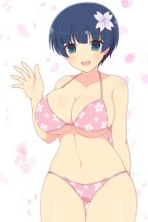 1girls :d ass_visible_through_thighs bikini blue_eyes blue_hair female flower flower_in_hair flower_pattern flower_petals front_view ichiryuu_tsumiki large_breasts light-skinned_female light_skin looking_at_viewer midriff navel open_mouth senran_kagura short_hair simple_background smile solo standing straight_hair yozakura_(senran_kagura)