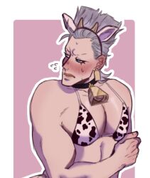 1boy bikini bikini_top blush cow_bell cow_bikini cow_ears cow_horns cow_print cow_tag crossdressing embarrassed jean_pierre_polnareff jojo's_bizarre_adventure manly_crossdresser muscular muscular_male solo solo_male stardust_crusaders tagme