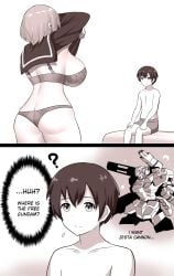 1boy 2koma ? absurdres alto-kun altronage bra breasts comic female greyscale gundam gundam_unicorn highres indoors jesta_cannon large_breasts male male_underwear mecha monochrome on_bed original panties robot science_fiction sitting straight thought_bubble topless_male underwear undressing you_gonna_get_raped