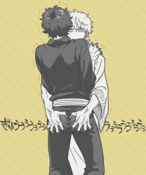 2boys ass_grab ass_squeeze fully_clothed gintama gintoki_sakata groping groping_ass kiichi_(kzn) looking_at_another male male_only monochrome nervous sakamoto_tatsuma sweat trembling yaoi