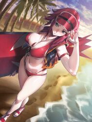 1girls artist_request beach between_breasts big_breasts bikini blue_eyes breasts busty child_bearing_hips code_geass female female_only highres jacket jewelry kallen_stadtfeld large_breasts long_legs looking_at_viewer nail_polish navel necklace official_alternate_costume official_art outdoors red_bikini red_footwear red_hair red_nails sandals seductive sensual shiny_skin sleeveless sleeveless_jacket smile solo surfboard swimsuit thighs toenail_polish toenails toned visor_cap walking wide_hips