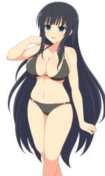 1girls bikini black_hair blue_eyes eyebrows_visible_through_hair female ichiryuu_tsumiki ikaruga_(senran_kagura) large_breasts light-skinned_female light_skin looking_at_viewer midriff navel one_arm_up senran_kagura sidelocks simple_background solo standing straight_hair very_long_hair white_background