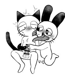 2boys anthro blush censored censored_penis chimera feline furry gay greyscale heart-shaped_pupils lagomorph licking_nipples line_art long_tongue male male_only nipples oyasaioni9 penis rabbit sam_(teach_the_cat) sharp_teeth sitting sweat tail_snake teach_(teach_the_cat) teach_the_cat tears tongue_out touching_penis whiskers