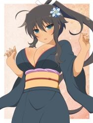 1girls black_hair cleavage female flower flower_in_hair green_eyes hair_between_eyes hair_ornament homura_(senran_kagura) ichiryuu_tsumiki kimono large_breasts looking_at_viewer open_mouth ponytail senran_kagura sidelocks simple_background solo standing tan_body very_long_hair