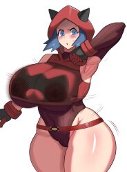 1girls areola areolae armpits big_breasts blue_eyes blue_hair blush breasts breasts_bigger_than_head cameltoe clothed clothing female female_only gloves hoodie huge_breasts large_breasts leotard looking_at_viewer navel nintendo nipples open_mouth pokemon pokemon_oras pose short_hair simple_background solo solo_female standing team_magma team_magma_grunt team_magma_grunt_(female) team_magma_grunt_(pokemon_oras) thick_thighs voluptuous white_background wide_hips ytrall