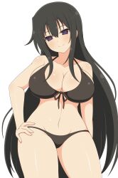 1girls black_hair collarbone female front-tie_bikini front_view hair_between_eyes ichiryuu_tsumiki kagura_(senran_kagura) large_breasts light-skinned_female light_skin looking_at_viewer purple_eyes senran_kagura simple_background smile solo standing very_long_hair white_background