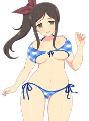 1girls ass_visible_through_thighs bikini brown_hair collarbone female front-tie_bikini front_view green_eyes ichiryuu_tsumiki large_breasts light-skinned_female light_skin long_hair looking_at_viewer midriff murakumo_(senran_kagura) navel one_arm_up open_mouth polka_dot_bikini ponytail senran_kagura sidelocks simple_background solo standing underboob white_background