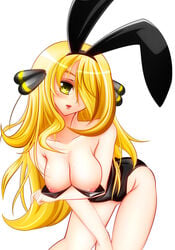 animal_ears blush breasts bunny_girl cynthia_(pokemon) female female_only human human_only large_breasts nipples pokémon pokemon pokemon_champion sho2 smile solo