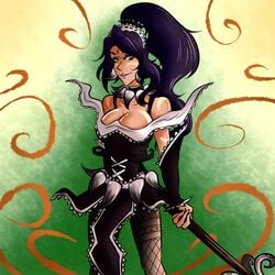 1girls breasts choker cleavage female french_maid_nidalee green_eyes league_of_legends long_hair nidalee ponytail purple_hair smile smooth_skin solo strapless strapless_dress tied_hair