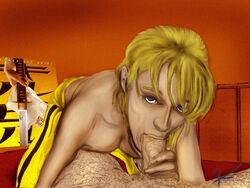 2d beatrix_kiddo blonde_hair blowjob blue_eyes breasts cleavage fellatio female kill_bill male/female male_pov milf offscreen_male oral_sex penis pov sex straight tagme the_bride