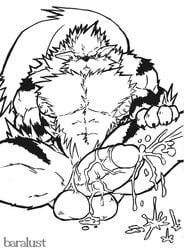 anthro arcanine baralust cum front_view fur furry male male_only monochrome muscles nipples nude penis pokemon pokemon_(species) sitting solo tagme