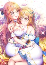 1boy 1girls ass big_ass big_breasts bracelets breast_press crossdressing dress femboy girly glasses hand_on_hip heart male natsusora_aona natsusora_wakana nobady orange_hair original original_character ribbon siblings star_(symbol) sunflower trap twins wide_hips