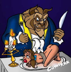 arms_behind_back beast_(disney) beauty_and_the_beast belle bondage comixxx disney disney_princess gag gagged lumière peril vore