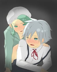 artist_request blush clothes color front_view green_hair grey_hair hair male male_only multiple_males pokemon steven_stone_(pokemon) tagme wallace_(pokemon) yaoi