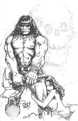 1boy 1girls 2009 basement_comics big_breasts breasts budd_root cavewoman conan conan_the_barbarian_(series) crossover dark_hair female long_hair male male_focus meriem_cooper monochrome nipples nudity tagme topless uncensored