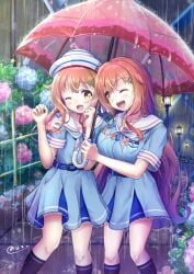 1boy 1girls big_breasts breasts crossdressing femboy flower girly long_hair male natsusora_aona natsusora_wakana nobady orange_hair original original_character rain sailor_hat school_uniform siblings twins umbrella