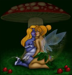 2girls alternate_breast_size ass_grab blonde_hair blonde_hair_female blue_eyes blue_eyes_female blue_skin braless breast_grab breast_press breasts brown_eyes brown_eyes_female crossover disney disney_fairies fairy fairy_wings female female_only grass green_grass high_heels interspecies kneeling leaf_skirt lesbian_kiss light_skinned_female lipstick long_blonde_hair long_hair looking_at_viewer looking_back looking_back_at_viewer multiple_girls mushroom nature peter_pan_(disney) png public_topless questionable shirtless short_hair short_hair_female smurf smurfette the_smurfs tinker_bell topless topless_female wings yuri