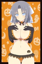 1girls ass_visible_through_thighs blue_eyes candy collar collarbone elbow_gloves female frills front-tie_top front_view ghost grey_hair hair_ornament halloween huge_breasts ichiryuu_tsumiki jack-o'-lantern light-skinned_female light_skin lollipop looking_at_viewer medium_hair midriff miniskirt moon navel orange_background senran_kagura smile solo standing star submissive_pose thigh_gap underwear witch_hat yumi_(senran_kagura)