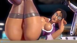 ass black_hair female glasses legs_up legwear medium_breasts miss_pauling no_panties on_back on_table open_clothes pussy sfm team_fortress_2 zeton54