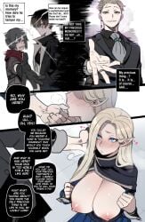 ashe_(bad_ending_party) bad_ending_party big_breasts blonde_hair breasts_out broken corruption dubious_consent elf elf_ears human kneeling male maledom medium_breasts memory_alteration mind_control pale_skin ratatatat74 short_hair text text_bubble tits tomboy