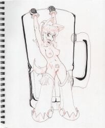 1girls animal_ears beer_bottle nude scan scar skk solo standing traditional_media_(artwork)