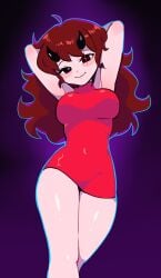 2d :) benzbt big_breasts cute demon demon_girl demon_horns female female_only friday_night_funkin girlfriend_(friday_night_funkin) glowing_eye horns looking_at_viewer posing red_dress red_hair short_dress smile smiling thick_thighs thighs