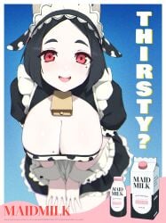 1girls advertisement black_hair busty cow_ears cow_girl cow_horns cow_print cowbell drink english_text female maid_apron maid_headdress maid_uniform milk milk_bottle milk_carton mole mole_on_breast mole_under_eye original poster red_eyes vertigris