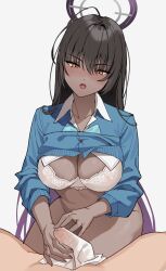 1boy 1girls absurdres bangs black_hair blue_archive blue_cardigan bottomless bra breasts cardigan cardigan_lift cleaning_&_clearing_(blue_archive) cleavage dark-skinned_female dark_skin female goumudan grey_background hair_between_eyes halo handjob highres karin_(blue_archive) karin_kakudate large_breasts light-skinned_male light_skin long_hair millennium_science_school_student multicolored_hair open_mouth orange_eyes penis purple_hair school_uniform schoolgirl simple_background solo_focus two-tone_hair underwear white_bra