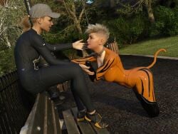 3d all_fours amputee bench blonde_hair bodysuit coatnoise collar daz3d femdom human_pet latex latex_suit mohawk no_hands park petgirl petplay ponytail public quadruple_amputee running_shoes slave tail