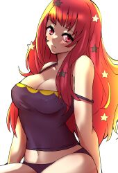 1340smile 1girls absurdres bare_arms bare_shoulders blush breasts cleavage collarbone crop_top facial_mark female female_only fire_emblem fire_emblem_engage hair_ornament highres long_hair looking_at_viewer navel red_eyes red_hair simple_background solo spaghetti_strap star_(symbol) star_hair_ornament strap_slip yunaka_(fire_emblem)